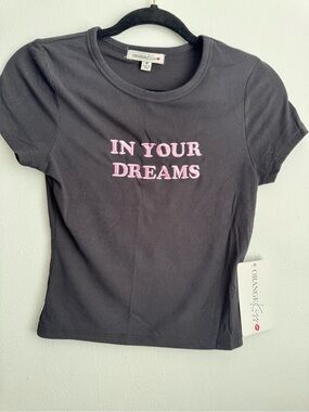 Orange Kiss Black Ribbed Crop Top with Pink 'In Your Dreams' Embroidery